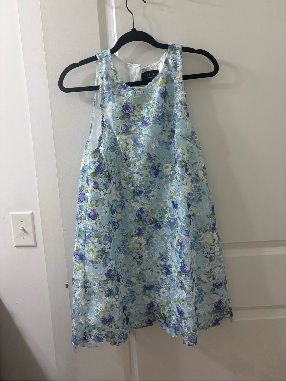 Vici Light Blue Floral Lace Mini Dress with Purple & Green Accents